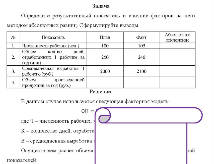 Определите результативный показатель и влияние факторов на него методом абсолютных разниц. Сформулируйте выводы.