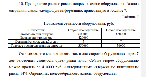 Предприятие рассматривает вопрос о замене оборудования. Анализ ситуации показал следующую информацию, приведенную в таблице 7. Таблица 7 Показатели стоимости оборудования, руб.