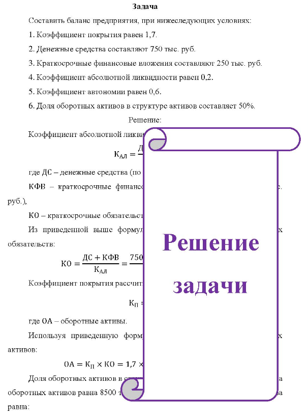 на Составить баланс предприятия, при нижеследующих условиях: 1. Коэффициент покрытия равен 1,7. 2. Денежные средства составляют 750 тыс. руб. 3. Краткосрочные финансовые вложения составляют 250 тыс, руб. 4. Коэффициент абсолютной ликвидности равен 0.2. 5.