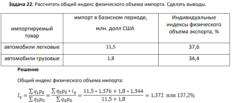 Рассчитать общий индекс физического объема импорта. Сделать выводы. импортируемый товар импорт в базисном периоде, млн. долл США Индивидуальные индексы физического объема экспорта, % автомобили легковые 11,5 37,6 автомобили грузовые 1,8 34,4