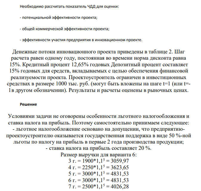 Необходимо рассчитать показатель ЧДД для оценки: - потенциальной эффективности проекта; - общей коммерческой эффективности проекта; - эффективности участия предприятия в инновационном проекте. Денежные потоки инновационного проекта приведены в таблице 2. Шаг расчета равен одному году, постоянная во времени норма дисконта равна 15%. Кредитный процент 12,65% годовых Депозитный процент составляет 15% годовых для средств, вкладываемых с целью обеспечения финансовой реализуемости проекта.