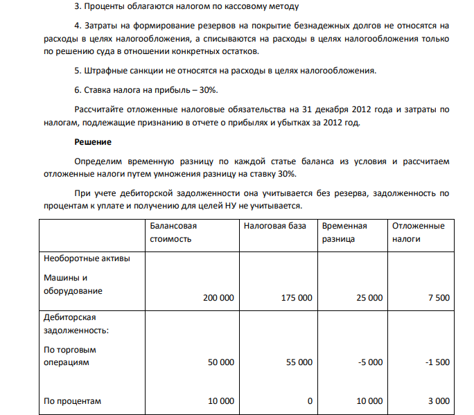 Имеется следующая информация о компании «Х» 1. Остаток по отложенным налогам на 1 января 2012 г. Составлял 1200 дол. 2. По состоянию на 31 декабря 2012 года : Балансовая стоимость, дол. Налоговая база, дол. Необоротные активы Машины и оборудование 200000 175000