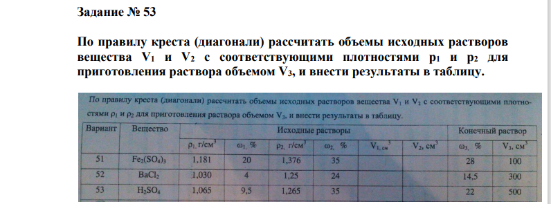 По правилу креста (диагонали) рассчитать объемы исходных растворов вещества V1 и V2 с соответствующими плотностями р1 и р2 для приготовления раствора объемом V3, и внести результаты в таблицу