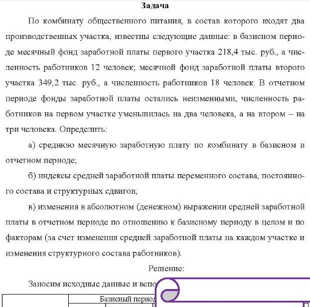 По комбинату общественного питания, в состав которого входят два производственных участка, известны следующие данные: в базисном перио- де месячный фонд заработной платы первого участка 218,4 тыс. руб. , а чис- ленность работников 12 человек; месячной фонд заработной платы второго участка 349,2 тыс. руб., а численность работников 18 человек. В отчетном периоде фонды заработной платы остались неизменными, численность ра- ботников на первом участке уменыпилась на два человека, а на втором - на три человека.