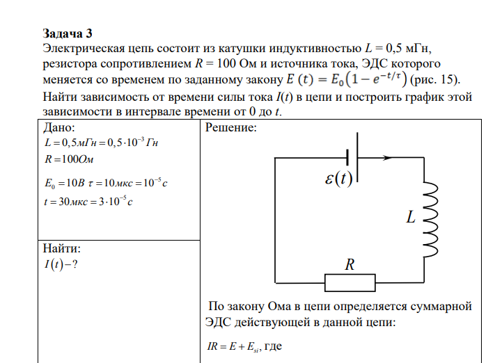 Электрическая цепь состоит из катушки индуктивностью L = 0,5 мГн, резистора сопротивлением R = 100 Ом и источника тока, ЭДС которого меняется со временем по заданному закону (рис. 15). Найти зависимость от времени силы тока I(t) в цепи и построить график этой зависимости в интервале времени от 0 до t.