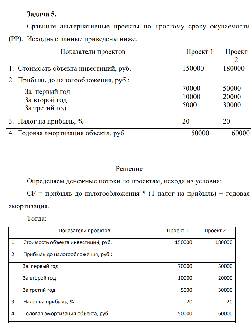 Определяем денежные потоки по проектам, исходя из условия: CF = прибыль до налогообложения * (1-налог на прибыль) + годовая амортизация. Тогда: Показатели проектов Проект 1 Проект 2 1. Стоимость объекта инвестиций, руб. 150000 180000 2. Прибыль до налогообложения, руб.:
