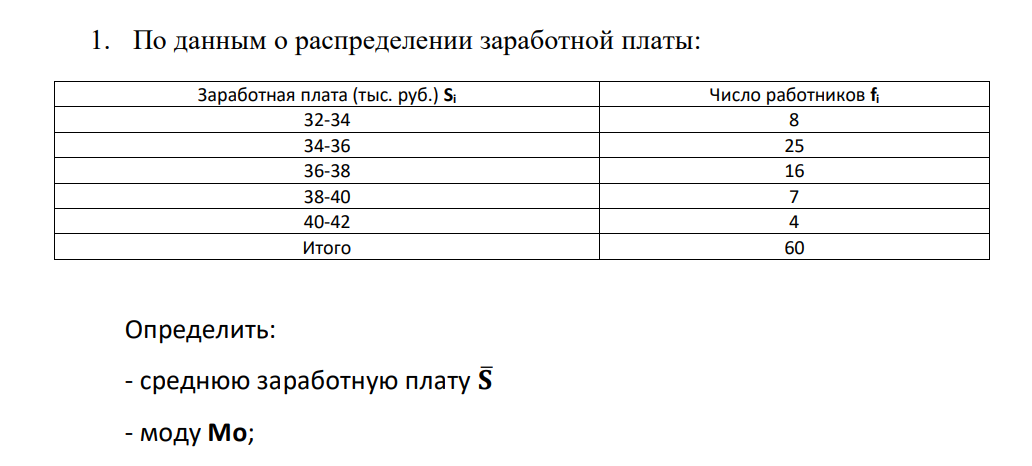 По данным о распределении заработной платы: Заработная плата (тыс. руб.) Si Число работников fi 32-34 8 34-36 25 36-38 16 38-40 7 40-42 4 Итого 60 Определить: - среднюю заработную плату 𝐒̅ - моду Mo; - медиану Me;