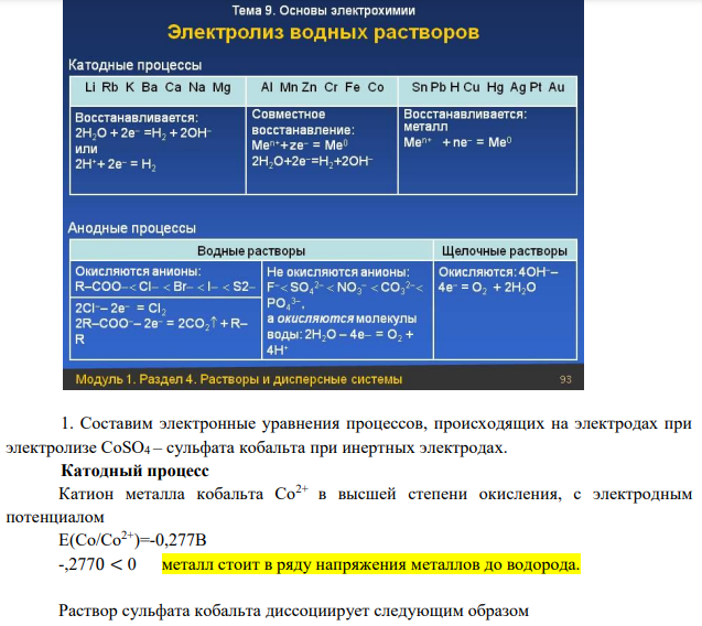 Через раствор CoSO4 пропускали ток до тех пор, пока весь кобальт не выделился из раствора. Какие процессы происходили при этом у катода и у анода?
