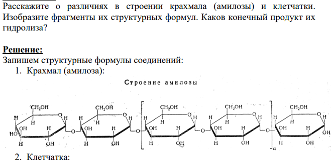 Расскажите о различиях в строении крахмала (амилозы) и клетчатки. Изобразите фрагменты их структурных формул.