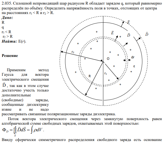 2.035. Сплошной непроводящий шар радиусом R обладает зарядом q, который равномерно распределён по объёму. Определить напряжённость поля в точках, отстоящих от центра на расстояниях r1 < R и r2 > R.