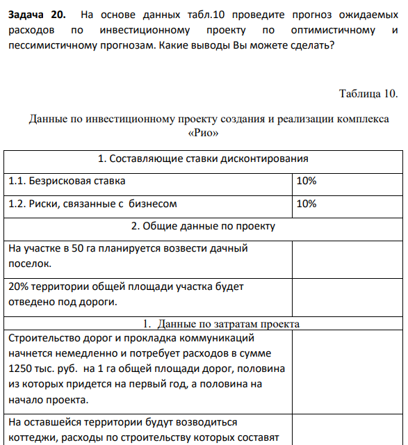 Задача 20. На основе данных табл.10 проведите прогноз ожидаемых расходов по инвестиционному проекту по оптимистичному и пессимистичному прогнозам. Какие выводы Вы можете сделать? Таблица 10. Данные по инвестиционному проекту создания и реализации комплекса «Рио»