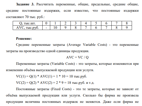 Задание 3. Рассчитать переменные, общие, предельные, средние общие, средние постоянные издержки, если известно, что постоянные издержки составляют 70 тыс. руб.: Q, тыс.шт. 0 1 2 3 4 5 6 7 8 AVC, тыс.руб. - 10 9 8 7 6 7 8 9