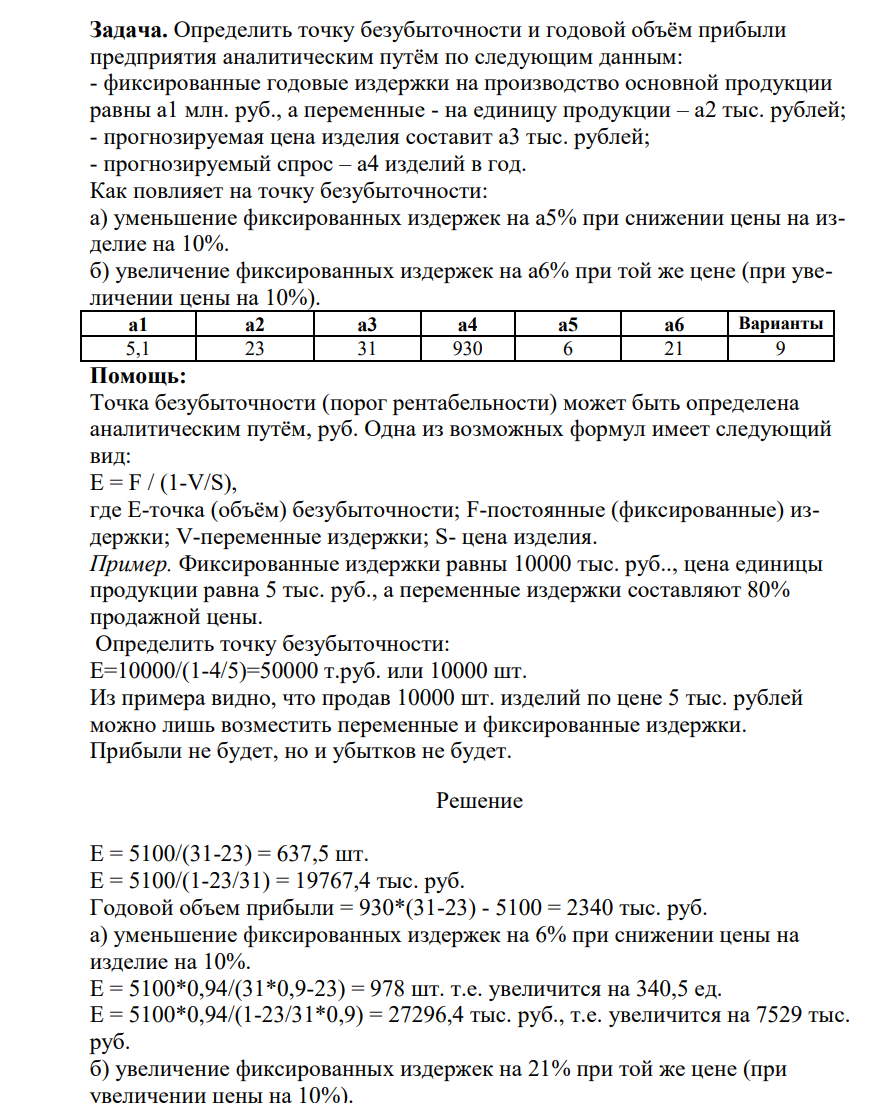 Определить точку безубыточности и годовой объём прибыли предприятия аналитическим путём по следующим данным: - фиксированные годовые издержки на производство основной продукции равны а1 млн. руб., а переменные - на единицу продукции – а2 тыс. рублей; -