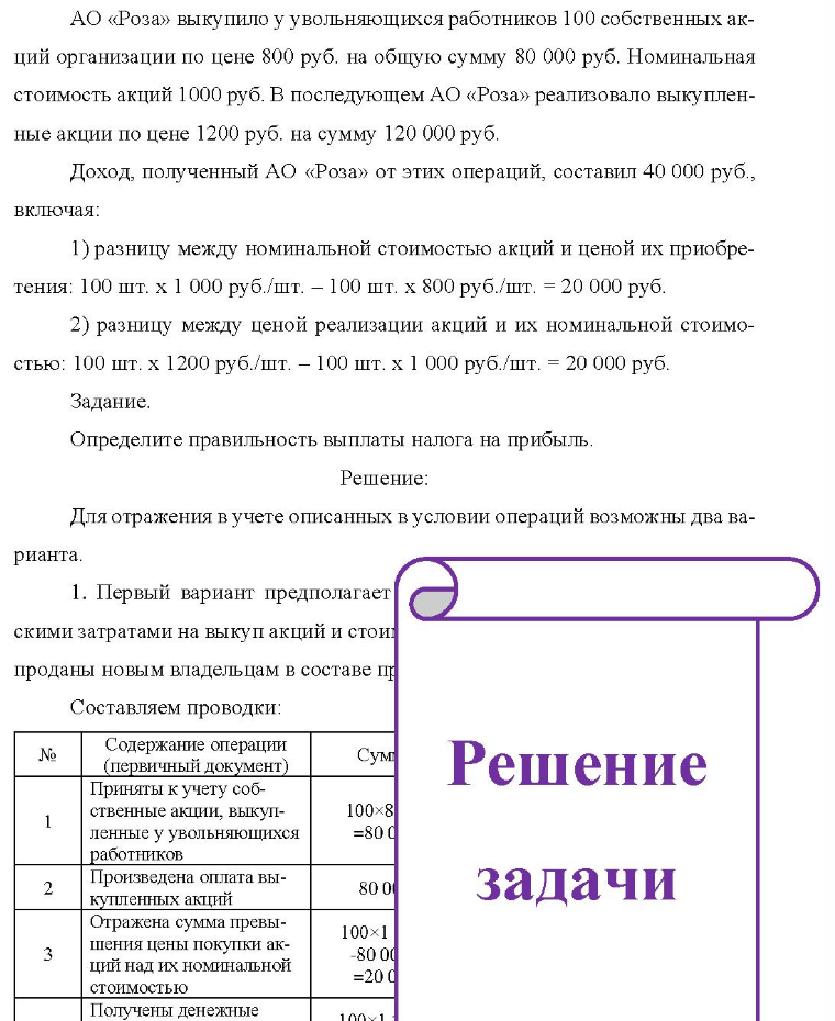 АО «Роза» выкупило у увольняющихся работников 100 собственных ак- ций организации по цене 800 руб. на общую сумму 80 000 руб. Номинальная стоимость акций 1000 руб. В последующем АО «Роза» реализовало выкуплен- ные акции по цене 1200 руб. на сумму