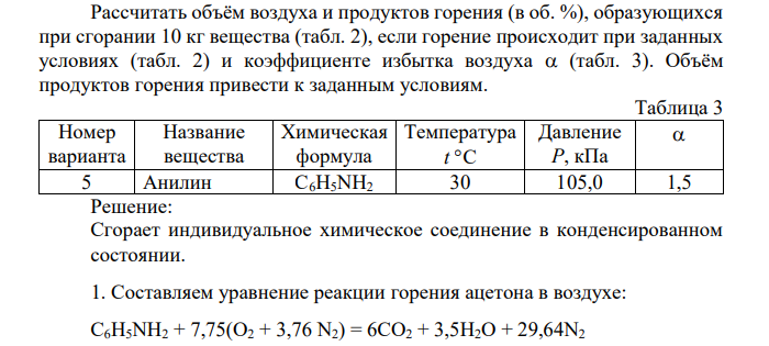 Рассчитать объём воздуха и продуктов горения (в об. %), образующихся при сгорании 10 кг вещества (табл. 2), если горение происходит при заданных условиях (табл. 2) и коэффициенте избытка воздуха (табл. 3). Объём продуктов