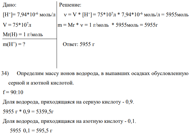 На бессточное озеро (рН воды в нем равно 6,5) площадью S = 25 км2 и средней глубиной Н = 3 м в течение нескольких часов выпало h = 30 мм кислых (рН = 5,1) дождевых осадков. Определить: а) рассчитать величину рН воды в озере после дождя при условии полного смешения озерной и дождевой вод (исходную щелочность воды, обуславливающую частичную нейтрализацию ионов водорода, поступающих в природные воды с атмосферными осадками не учитывать), оценить опасность данного закисления воды для гидробионтов озера;