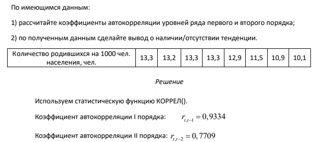 По имеющимся данным: 1) рассчитайте коэффициенты автокорреляции уровней ряда первого и второго порядка; 2) по полученным данным сделайте вывод о наличии/отсутствии тенденции.