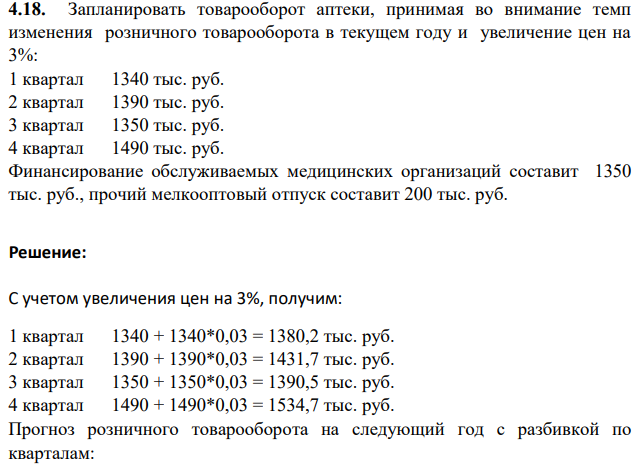 . Запланировать товарооборот аптеки, принимая во внимание темп изменения розничного товарооборота в текущем году и увеличение цен на 3%: 1 квартал 1340 тыс. руб. 2 квартал 1390 тыс. руб. 3 квартал 1350 тыс. руб. 4 квартал 1490 тыс. руб. Финансирование обслуживаемых медицинских организаций составит 1350 тыс. руб., прочий мелкооптовый отпуск составит 200 тыс. руб.