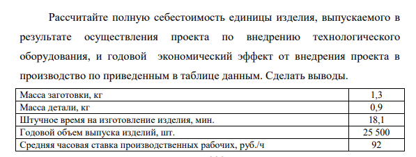 Рассчитайте полную себестоимость единицы изделия, выпускаемого в результате осуществления проекта по внедрению технологического оборудования, и годовой экономический эффект от внедрения проекта в производство по приведенным в таблице данным.