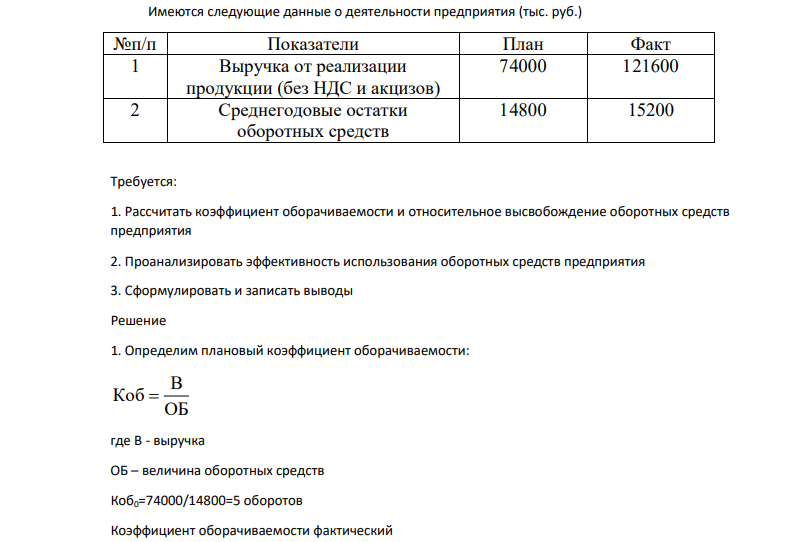 Имеются следующие данные о деятельности предприятия (тыс. руб.) №п/п Показатели План Факт 1 Выручка от реализации продукции (без НДС и акцизов) 74000 121600 2 Среднегодовые остатки оборотных средств 14800 15200 Требуется: 1. Рассчитать коэффициент оборачиваемости и относительное высвобождение оборотных средств предприятия