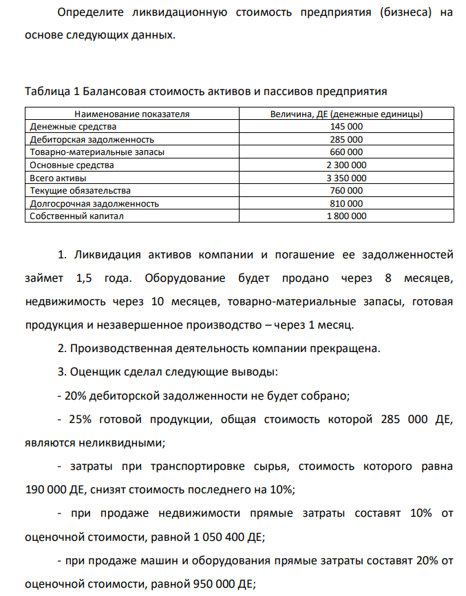 Определите ликвидационную стоимость предприятия (бизнеса) на основе следующих данных. Таблица 1 Балансовая стоимость активов и пассивов предприятия Наименование показателя Величина, ДЕ (денежные единицы) Денежные