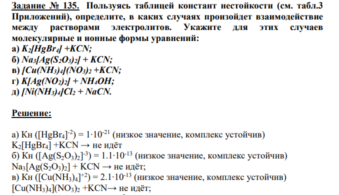 Пользуясь таблицей констант нестойкости (см. табл.3 Приложений), определите, в каких случаях произойдет взаимодействие между растворами электролитов. Укажите для этих случаев молекулярные и ионные формы уравнений: а) K2[HgBr4] +KCN; б) Na3[Ag(S2O3)2] + KCN; в) [Cu(NH3)4](NO3)2 +KCN; г) K[Ag(NO2)2] + NH4OH; д) [Ni(NH3)4]Cl2 + NaCN.
