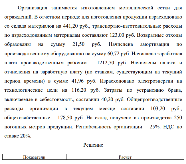 Организация занимается изготовлением металлической сетки для ограждений. В отчетном периоде для изготовления продукции израсходовало со склада материалов на 441,20 руб., транспортно-изготовительные расходы по израсходованным материалам составляют 123,00 руб.