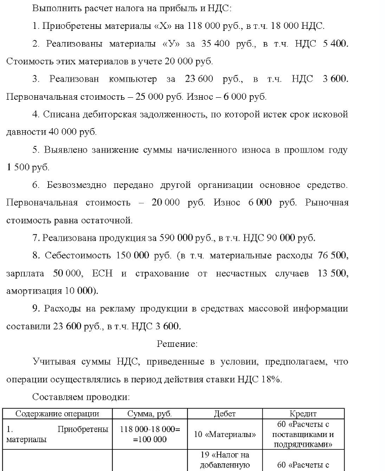 Выполнить расчет налога на прибыль и НДС: 1. Приобретены материалы «Х» на 118 000 руб. , в т.ч. 18 000 НДС. 2. Реализованы материалы «У» за 35 400 руб. , в т.ч. НДС 5 400. Стоимость этих материалов в учете 20 000 руб. 3. Реализован