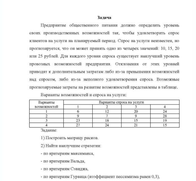 Задача Предприятие общественного питания должно определить уровень своих производственных возможностей так, чтобы удовлетворить спрос клиентов на услуги на планируемый период. Спрос на услуги неизвестен, но прогнозируется, что он может принять одно из четырех значений: 10, 15, 20 или 25 рублей. Для каждого уровня спроса существует наилучший уровень провозных возможностей предприятия.