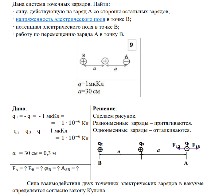 Дана система точечных зарядов. Найти: · силу, действующую на заряд А со стороны остальных зарядов; · напряженность электрического поля в точке В; · потенциал электрического поля в точке В; · работу по перемещению заряда А в точку В. Дано: q 1 = - q = - 1 мкКл = Кл q 2 = q 3 = q = 1 мкКл = Кл 30 cм = 0,3 м