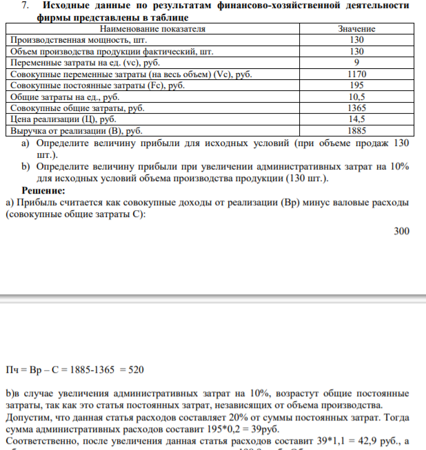 Исходные данные по результатам финансово-хозяйственной деятельности фирмы представлены в таблице Наименование показателя Значение Производственная мощность, шт. 130 Объем производства продукции фактический, шт. 130