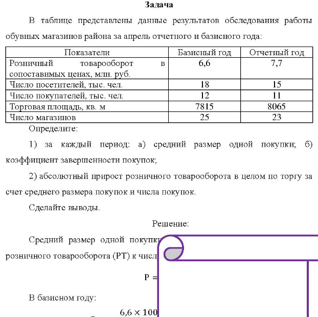 В таблице представлены данные результатов обследования работы обувных магазинов района за апрель отчетного и базисного года: Показатели Базисный год
