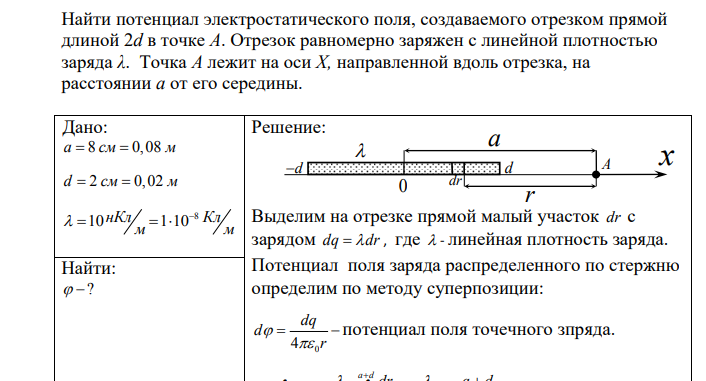 Найти потенциал электростатического поля, создаваемого отрезком прямой длиной 2d в точке A. Отрезок равномерно заряжен с линейной плотностью заряда λ. Точка A лежит на оси X, направленной вдоль отрезка, на расстоянии a от его середины. Дано: a   8 0,08 см м d   2 0,02 см м 8 10 1 10 нКл Кл м м     
