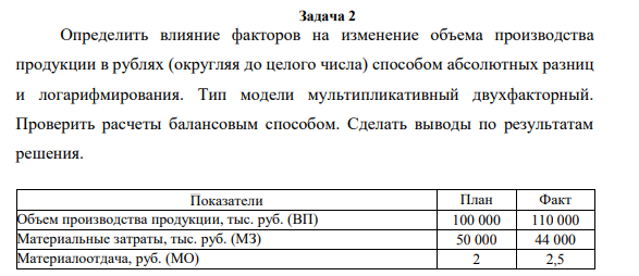 Задача 2 Определить влияние факторов на изменение объема производства продукции в рублях (округляя до целого числа) способом абсолютных разниц и логарифмирования.