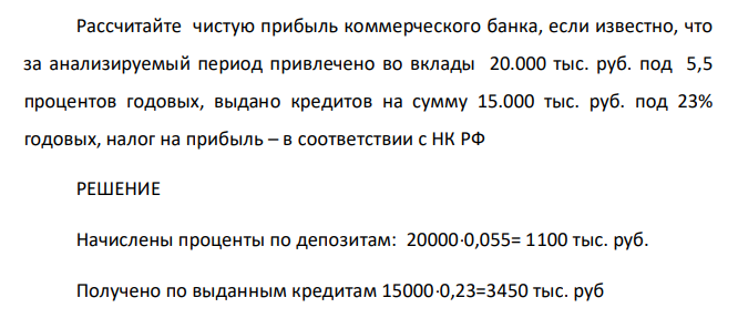 Рассчитайте чистую прибыль коммерческого банка, если известно, что за анализируемый период привлечено во вклады 20.000 тыс. руб. под 5,5 процентов годовых, выдано кредитов на сумму 15.000 тыс. руб. под 23% годовых, налог на прибыль – в соответствии с НК РФ