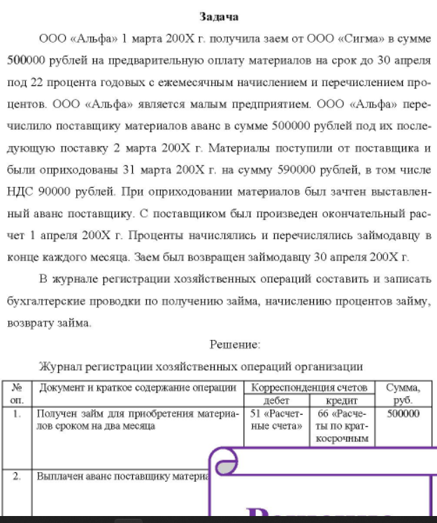 ООО «Альфа» 1 марта 200Х г. получила заем от ООО «Сигма» в сумме 500000 рублей на предварительную оплату материалов на срок до 30 апреля под 22 процента годовых с ежемесячным начислением и перечислением про- центов. ООО «Альфа» является малым предприятием.