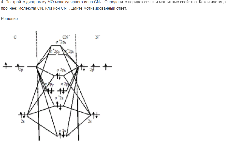 Постройте диаграмму МО молекулярного иона CN- . Определите порядок связи и магнитные свойства. Какая частица прочнее: молекула CN, или ион CN- . Дайте мотивированный ответ.