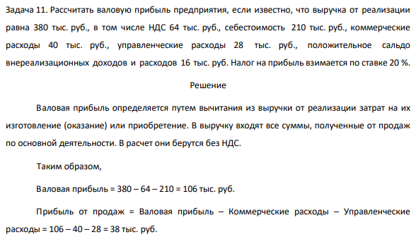 Рассчитать валовую прибыль предприятия, если известно, что выручка от реализации равна 380 тыс. руб., в том числе НДС 64 тыс. руб., себестоимость 210 тыс. руб., коммерческие расходы 40 тыс. руб., управленческие расходы 28 тыс. руб., положительное сальдо внереализационных доходов и расходов 16 тыс. руб. Налог на прибыль взимается по ставке 20 %.