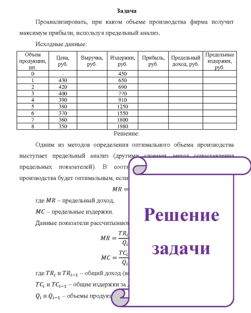 Проанализировать, при каком объеме производства фирма получит максимум прибыли, используя предельный анализ. Исходные данные: Объем продукции, шт. Предельные Цена, Выручка, Издержки, Прибыль,