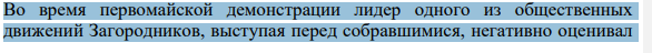 Во время первомайской демонстрации лидер одного из общественных движений Загородников, выступая перед собравшимися, негативно оценивал 427 действия отдельных руководителей России, высказывал предложения о проведении досрочных выборов Президента РФ, внесении изменений в Конституцию РФ. Затем на импровизированном митинге выступил активный участник крайне правового движения Абросимов.