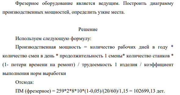 Определить производственную  мощность механического цеха на плановый год. Цех работает в две смены, продолжительность смены 8 часов, рабочих дней в плановом году 259, на ремонт оборудования планируется 5% номинального фонда времени.