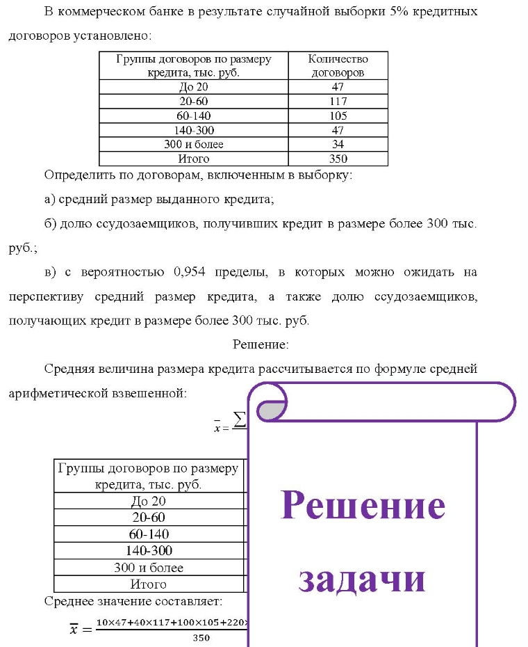 В коммерческом банке в результате случайной выборки 5% кредитных договоров установлено: Группы договоров по размеру кредита, тыс. руб. Кол Количество договоров До 20 20-60 60-140 140-300 47 117 105 300 и