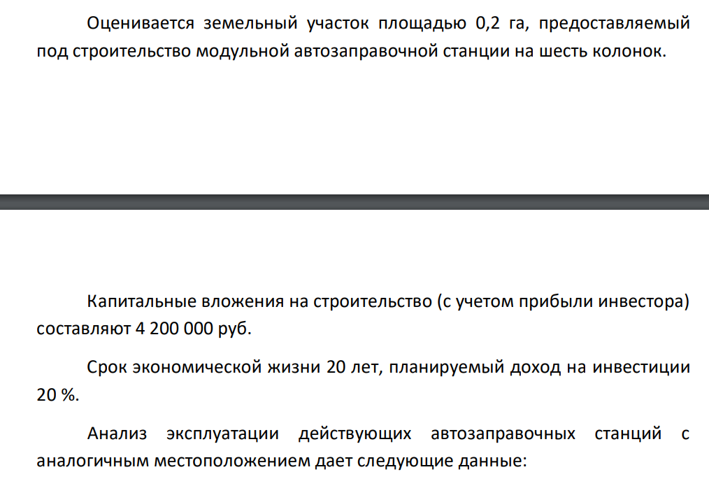 Оценивается земельный участок площадью 0,2 га, предоставляемый под строительство модульной автозаправочной станции на шесть колонок. Капитальные вложения на строительство (с учетом прибыли инвестора) составляют 4 200 000 руб.