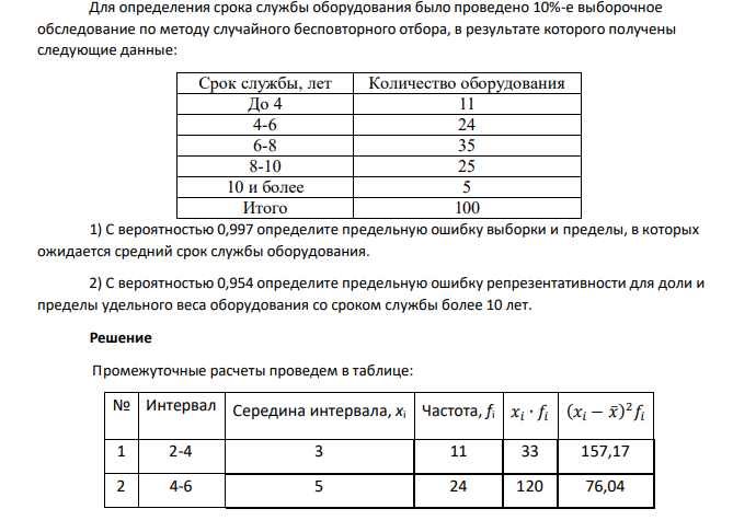 Для определения срока службы оборудования было проведено 10%-е выборочное обследование по методу случайного бесповторного отбора, в результате которого получены следующие данные: Срок службы, лет Количество