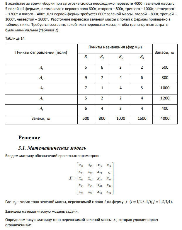 В хозяйстве за время уборки при заготовке силоса необходимо перевести 4000 т зеленой массы с 5 полей к 4 фермам, в том числе с первого поля 600т, второго – 800т, третьего – 1000т, четвертого – 1200т и пятого – 400т. Для первой фермы требуется 600т зеленой массы, второй – 800т, третьей – 1000т, четвертой – 1600т. Расстояние перевозки зеленой массы с полей к фермам приведено в таблице ниже. Требуется составить такой план перевозки массы, чтобы транспортные затраты были минимальны (таблица 2). Таблица 14 Пункты отправления (поля) Пункты назначения (фермы) Запасы, т B1 B2 B3 B4 А1 5 6 2 2 600 А2 9 7 4 6 800 А3 7 1 4 5 1000 А4 5 2 2 4 1200