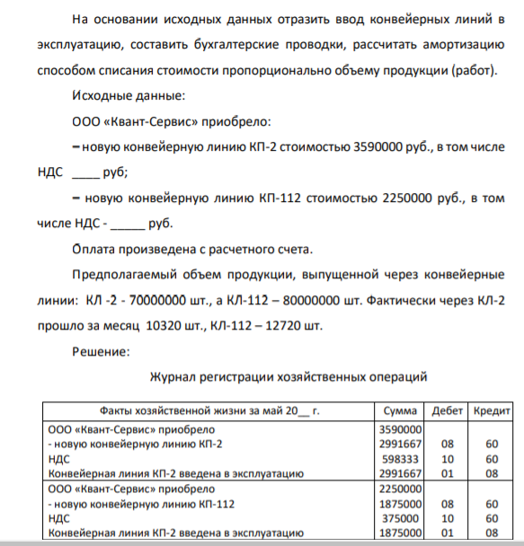 На основании исходных данных отразить ввод конвейерных линий в эксплуатацию, составить бухгалтерские проводки, рассчитать амортизацию способом списания стоимости пропорционально объему продукции (работ). Исходные данные: ООО «Квант-Сервис»