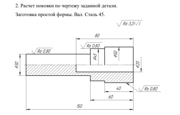 Расчет поковки по чертежу заданной детали. Заготовка простой формы. Вал. Сталь 45.