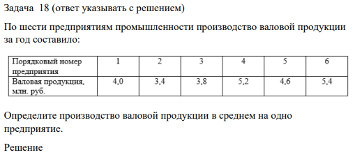 По шести предприятиям промышленности производство валовой продукции за год составило: Определите производство валовой продукции в среднем на одно предприятие.