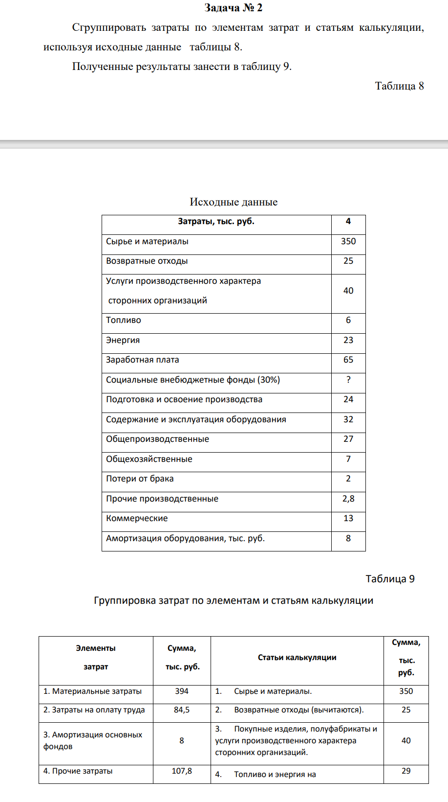 Сгруппировать затраты по элементам затрат и статьям калькуляции, используя исходные данные таблицы 8. Полученные результаты занести в таблицу 9. Таблица 8 Исходные данные Затраты, тыс. руб. 4 Сырье и материалы 350 Возвратные отходы 25 Услуги производственного характера сторонних организаций 4