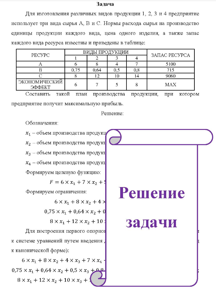 Задача Для изготовления различных видов продукции 1, 2, 3 и 4 предприятие использует три вида сырья А, В и С. Нормы расхода сырья на производство единицы продукции каждого вида, цена одного изделия, а также запас каждого вида ресурса известны и приведены в таблице